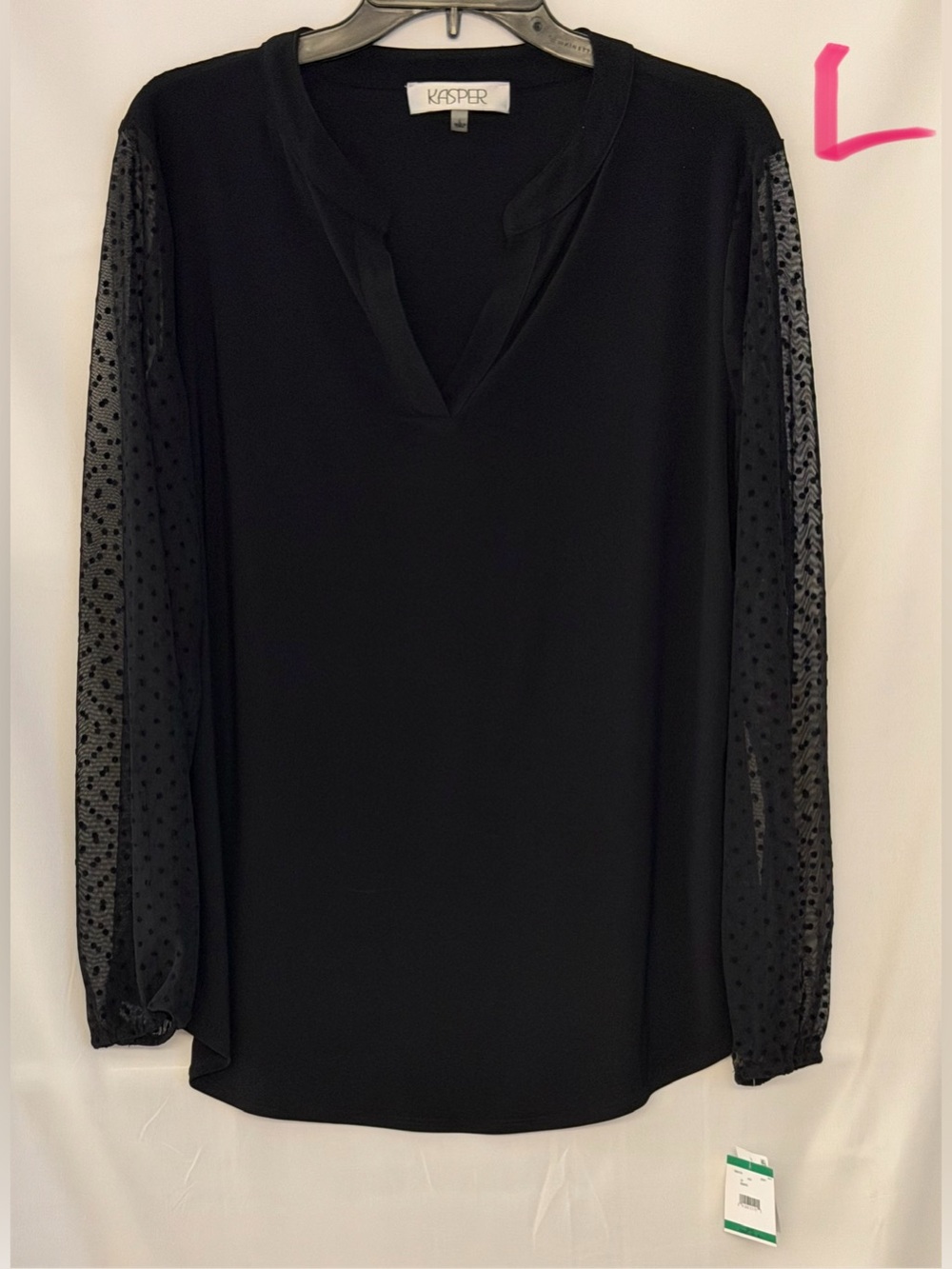 Kasper Black V-Neck Blouse with Sheer Dotted Sleeves